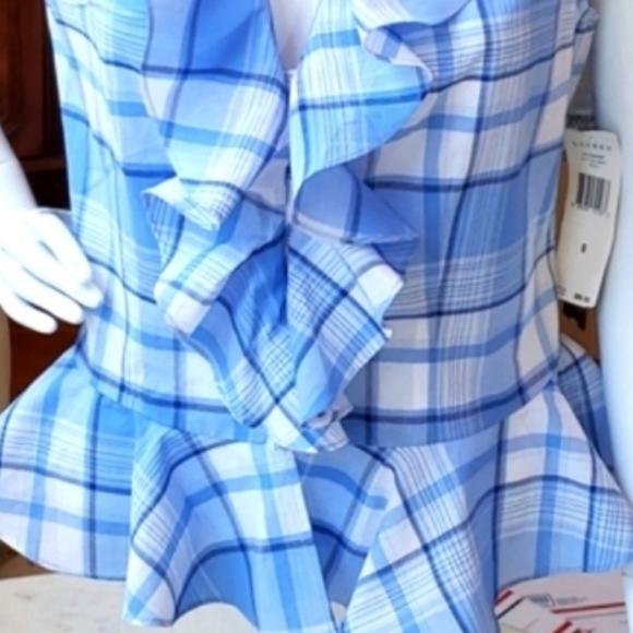 NWT Ralph Lauren lite blue plaid peplum blouse 8 - Picture 2 of 11